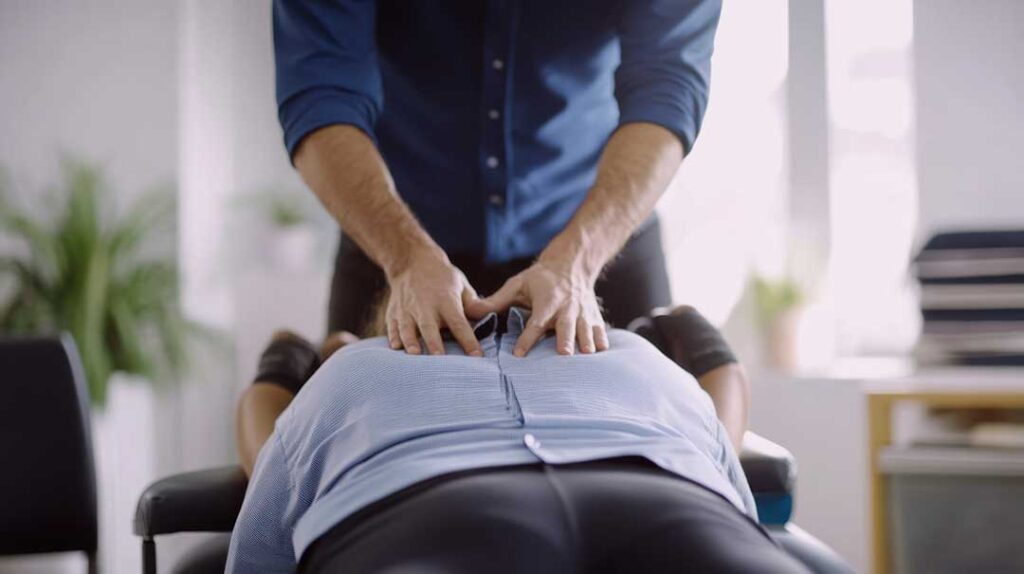 A person sitting at a desk with a laptop at eye level, practicing proper posture and stretching their neck.